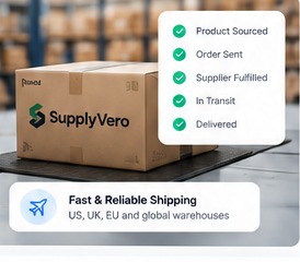 SupplyVero carton in a warehouse, with sourcing status and shipping details